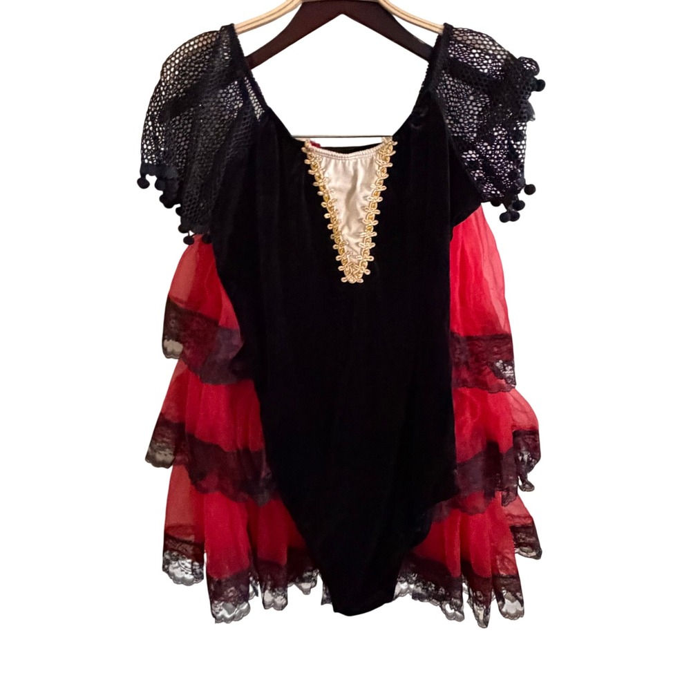 FINA Vintage Dance Costume Set Black Velvet Leotard Red Tiered Lace Tutu Skirt L